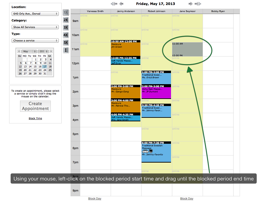 blocking appointment availability on the online scheduling calendar