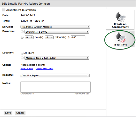 blocking an appointment time slot to update the staff scheduling software